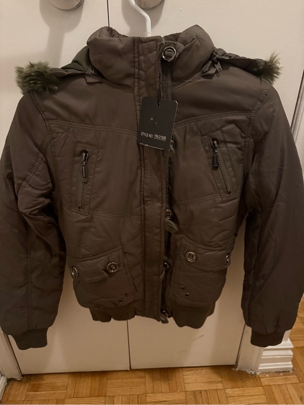 Women’s Olive Green/Brown Puffer Jacket with Faux Fur-Trim Hood- Size Small